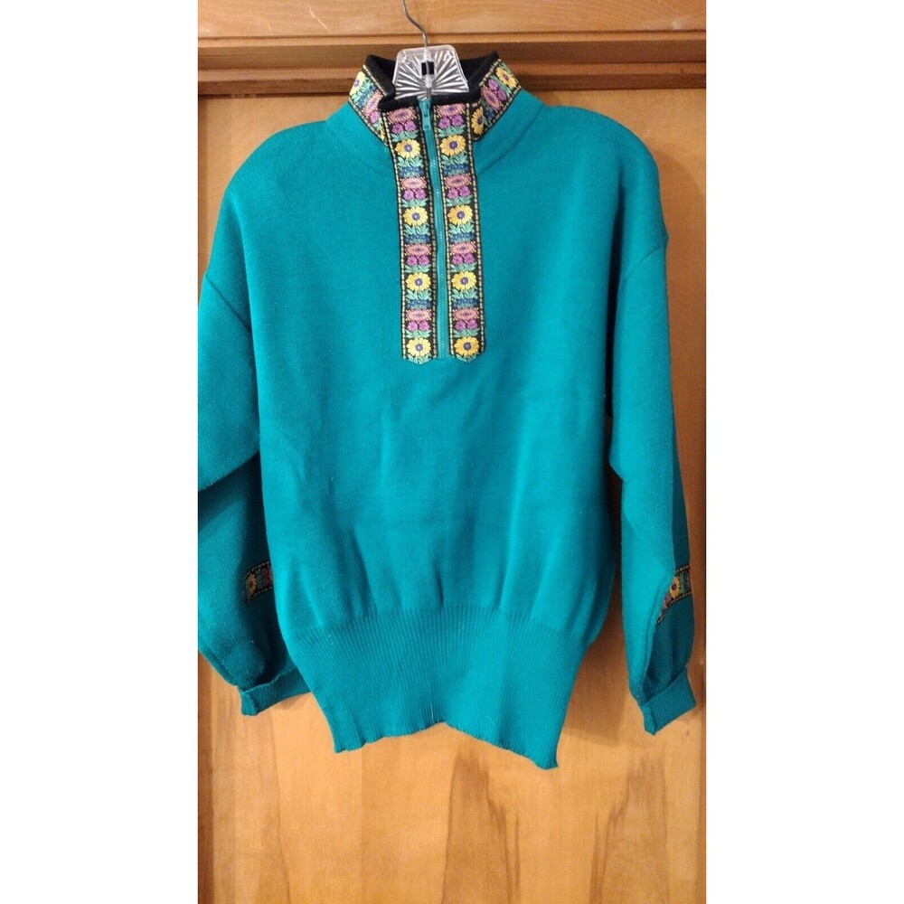 VINTAGE Meister Sweater Womens Medium Green 1/4 Zip Embroidery Trim 21 X 24 X 21